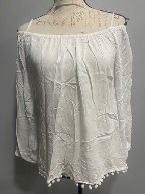 Lilly Pulitzer White Off-Shoulder Pom Pom Hem Blouse